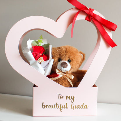 heart box with bear holding mini bouquet