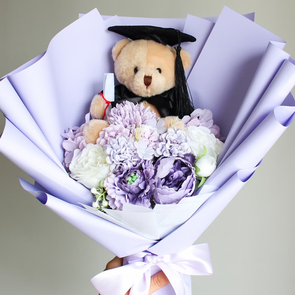 Graduation Bear Bouquet (Premium Wrap) lilac graduation bouquet